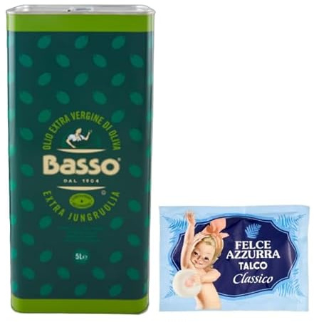 1er-Pack Basso Olio Extra Vergine di Oliva,Natives Olivenöl Extra,Ideal für alle Anwendungen in der Küche,5Lt Dose + 1er-Pack Kostenlos Felce Azzurra Talkumpuder, 100g-Beutel
