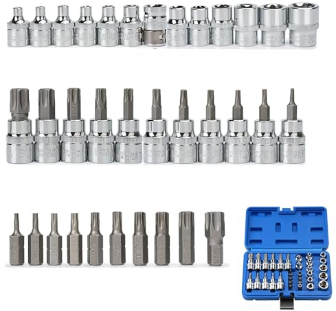 Noosverl 34 Pieces Torx and HEX Bit Socket Set with Storage Box for Cars | 12pcs 3/8 E-Socket, 11pcs 3/8 Torx Bit Socket,10 pcs 5/16 Torx Bit Socket and 1pc 3/8 H8 Squaer Adapter| T10-T60