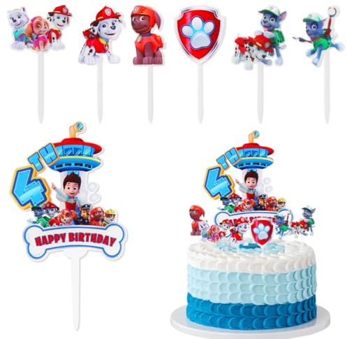 Tortendekoration Hund Patrol, Happy Birthday Tortendeko,Paw Tortenaufleger 4 Jarh, Kuchen deko, Muffin Deko, Cake Decoration Blue, Geburtstag Deko für Kindergeburtstage Party Jungen und Mädchen