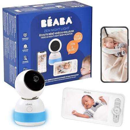 BÉABA, Babyphone mit Videofunktion, 720p-HD-Bildschirm, 360°-Kamera, Nachtsicht, Handy-App, Nachtlicht, Walkie-Talkie, Schlaflieder, Thermometer und Luftfeuchtigkeitskontrolle, Zen Night Light Weiß