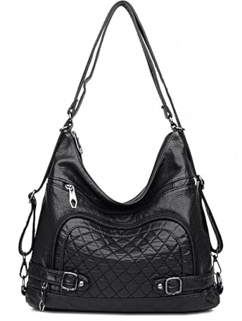 NOTAG Handtasche Damen Multi Tasche PU Leder Hobo Schultertasche 3 in 1 Multifunktionale Rucksack (Schwarz-1)