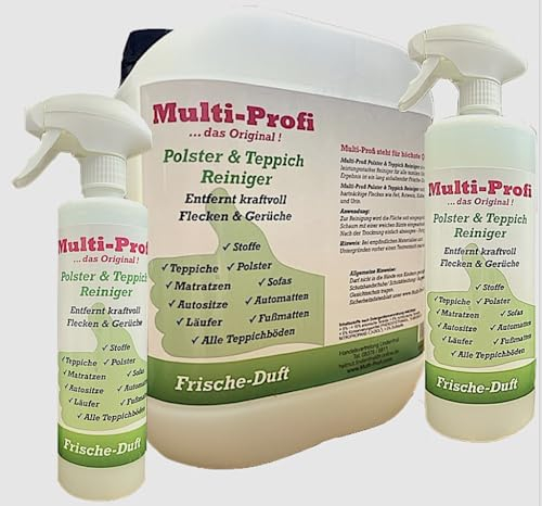 Multi-Profi Polster & Teppich Reiniger entfernt hartnäckigste Flecken und ist ein leistungsstarker Reiniger für alle textilen Untergründe. Das Ergebnis ist ein lang anhaltender Frische-Duft ! 1 Liter