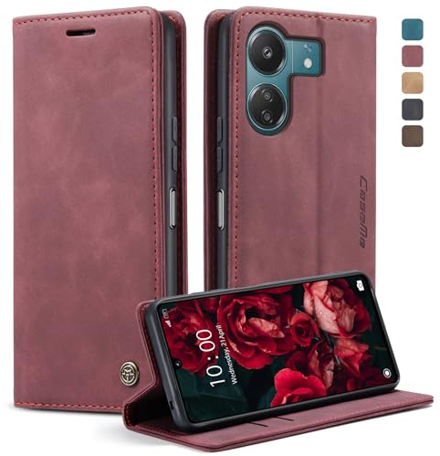 owlhold Mobile Phone Case for Xiaomi Redmi 13C/POCO C65, Premium Leather Case, Soft Vintage Nubuck Leather, Foldable Stand, Flip Case, Card Slot, Stand Function, Shockproof Protective Case - Wine Red