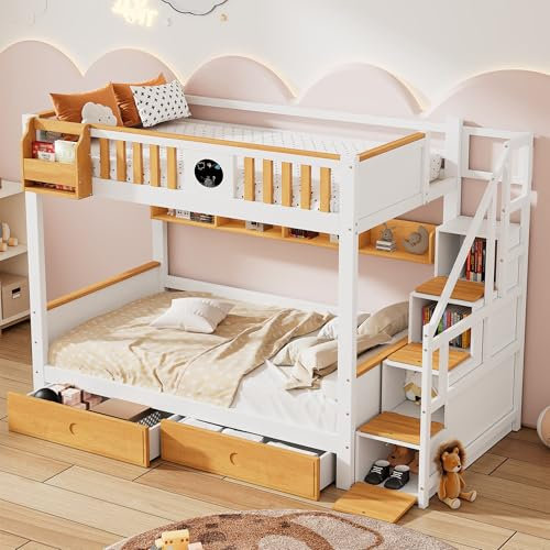 ZYLOYAL10 Kinderbett Baumhaus mit Speicherung und Rausfallschutz Rahmen aus Kiefernholz und MDF, Kinderbett mit 4 Schließfächer in der Treppe, mit Fallschutzgitter und 2 Schubladen