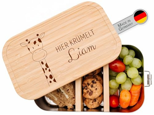 wunderwunsch Brotdose personalisiert mit Namen, Edelstahl Lunchbox | Kindergarten Brotzeitbox für Kinder mit Fächern, Metallbrotdose BPA frei, gravierte Kinder Holz Lunch-Box, Mädchen oder Junge