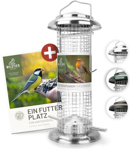 wildtier liebe Vogelfuttersäule Edelstahl 23,5cm, Silber - Erdnussfutterspender aus rostfreiem Edelstahl, Vogel Futterstation, Futtersäule, Nüsse Erdnüsse, Wildvögel Futtersilo