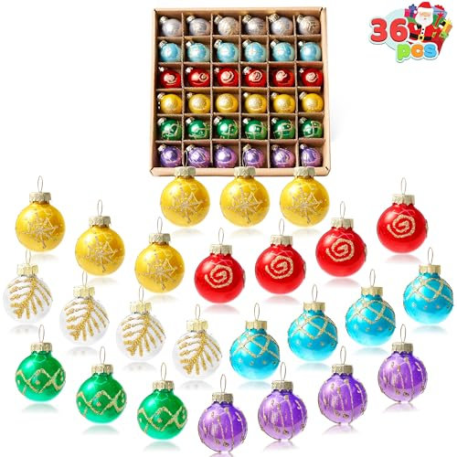 Joiedomi 36-teiliges Weihnachts-Mini-Kugel-Ornament-Set, kleine Metall-Glaskugeln mit Glitzerdrucken und Seilaufhängern, hängende Miniatur-Ornamente für den Weihnachtsbaum, Weihnachts-Glas-Party-Dekor