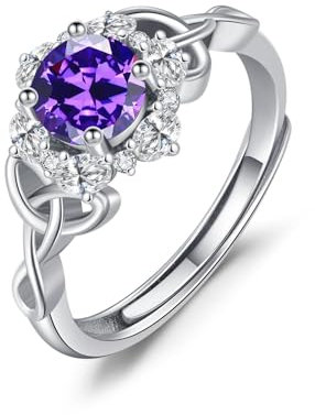 OHAYOO Keltischer Ring Damen 925 Sterling Silber Amethyst Frauen Februar Geburtsstein Ringe Verstellbar Zirkonia Schmuck für Damen Mädchen Freundin Mama Tochter