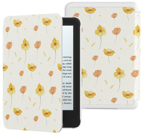 MoKo Hülle für 6 Amazon Kindle 11. Generation 2024/2022, Blume auf Weiß