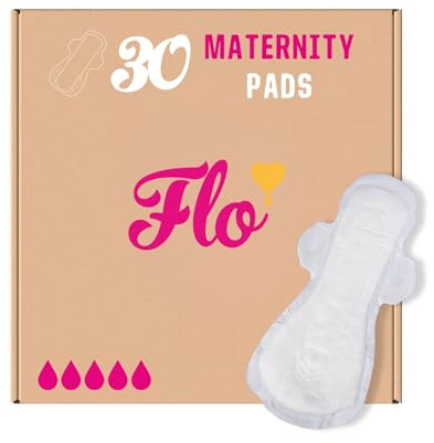 Flo bambu graviditetskuddar – ultraabsorberande, maximalt skydd, ultralång – 4 vingar, andningsbara dynor för postpartum – 30 dynor