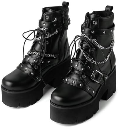 ENWIND Stivaletti Gothic Punk da Donna con Tacco Alto Stivali da Moto con Suola Spessa Plateau Stivali da Combattimento,Nero,37 EU