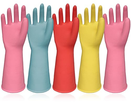 Orerered Rubber Cleaning Gloves 5 Pairs Kitchen Dishwashing Gloves Reusable for Household Washing Dishes Cleaning Gardening, Non-Slip Water Resistant Dish Gloves for Women Men Medium
