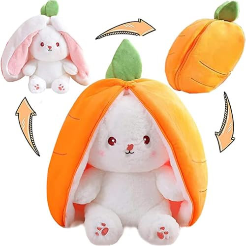 Hasen Verstecken Plüschtier, Flip Plüsch Hase Spielzeug, Plüschtier Hase, Hase Stofftier, Erdbeeren Karotten Hase mit Reißverschluss, Hase Kuscheltier für Jungen, Mädchen (Orange/Karotten Hase)