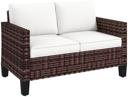Outsunny 2 Seater Rattan Sofa with Cushions, Wicker Garden Loveseat with Armrests, Outdoor Garden Sofa Couch with Steel Frame for Balcony, Porch, Brown