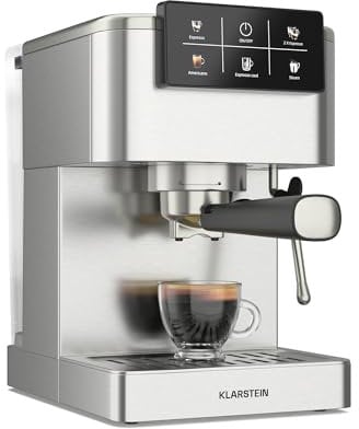 KLARSTEIN SteelPresso Touch Cafetera Espresso – 20 Bares, 1350W, Pantalla Táctil, Espumador de Leche, Depósito 1.5L, Acero Inoxidable, Máquina Café, Diseño Compacto
