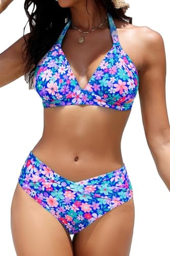 Yonique Maillot de Bain Deux pièces pour Femme - Push Up - Bikini Dos Nu - Style Vintage, Rose Bleu Floral, Taille S