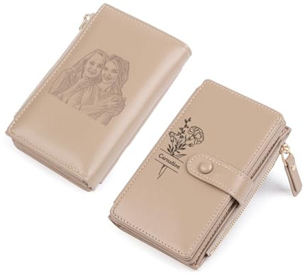 Gaosh Portefeuille Femme Personnalisé avec Photo Gravé Nom Naissance Fleur Portefeuille Femme en Cuir PU avec Pochette de Monnaie Zippé RFID Multi Card Slot Cadeau Personnalisé (A-Kaki)