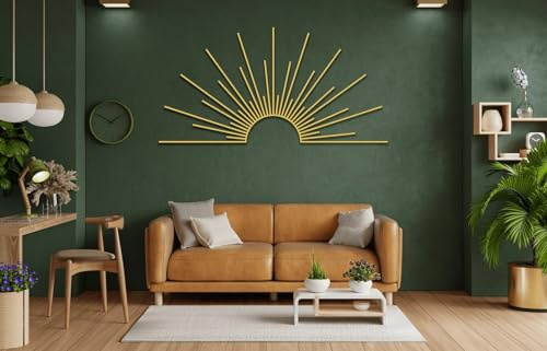 Metall-Wandkunst Sonnen-Glitzer-Wanddekoration – schwarze Gold minimalistische Linienkunst Sonnenaufgang-Wandbehang für Wohnzimmer, Schlafzimmer, Einweihungsgeschenk im Freien (Art Deco, Gold, S)