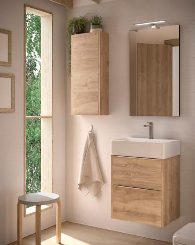 Mueble Baño Suspendido a Pared Fondo Reducido | 2 Cajones con Lavabo Cerámico | Roble Natural Tirador Cromo | 50cm