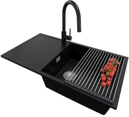 PRIMAGRAN Lavandino da Cucina Nero 90x50cm, Lavello da Cucina a 1 vasca + Sifone Classico + Rubinetto 40x22cm + Accessorio, Lavabo da Cucina Incasso al mobile 60cm - Ibiza