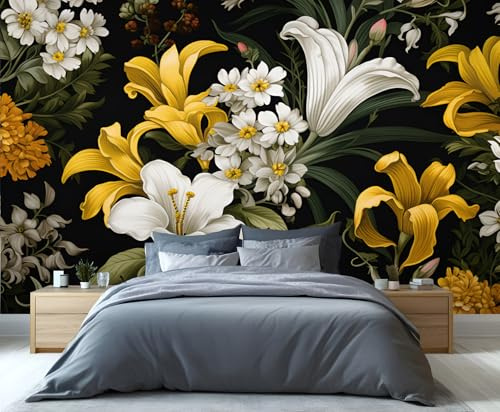 YXQAIED Lily Wallpaper, Yellow and White Leaves Wall Mural European Flowers Multi-Color Wallpaper Living Room Bedroom Backdrop Wall Decor Poster Picture 350x256cm
