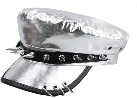 French Beret Hat Leopard Print Snakeskin Rivet Newsboy Cap PU Leather Painter Baker Gatsby Cabbie Hat for Women Silver-White