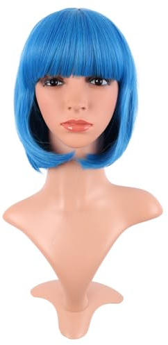 MapofBeauty 12 Inch Fashion Short Straight Flat Bangs Bob Wig, Mixed Blue | 30 cm Wig, Synthetic, Lady, Natural