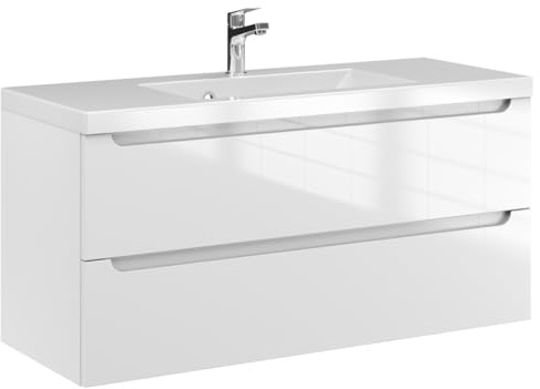 Furni Waschtischunterschrank ETH 100 cm– Weiß Hochglanz – Hängender Badschrank mit Mineralguss-Waschbecken – Frezgriffe – Vormontiert