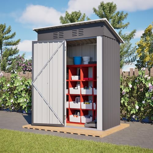 FammyLoft Gartenhaus Metall, 152x84x182cm, Garten Geräteschuppen Metall, Gerätehaus mit Abschließbarer Eintür, Gartenschrank Wasserdicht für Outdoor, Gartenhaus Flachdach, Ohne Fenster, Dunkelgrau