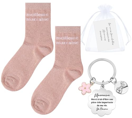 Hestya Set de 4 Pièces Cadeau Marraine Annonce Grossesse Tata Cadeau Tata Chaussettes Paillettes Porte-Clés Carte Demande Marraine avec Sac pour Annonce Demande Noël Baptême Anniversaire