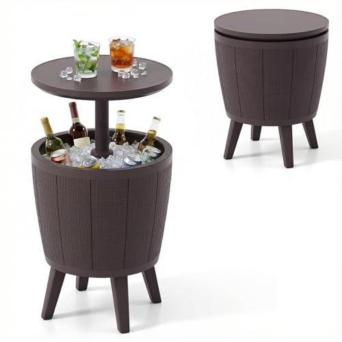 COSTWAY Cool Bar, Kühltisch Outdoor Wetterfest, 38L Beistelltisch mit Hebedeckel, Getränkekühler für Party, Garten, Terrasse (Braun)