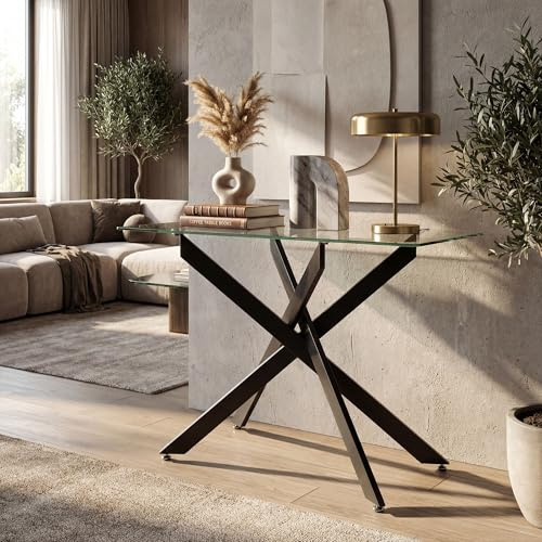 SOARS Table Console en Verre Trempé, Table d’Entrée Transparent, Pieds Tubulaires en Métal Chromé Réglables, Design Moderne, pour Salon, Couloir 115 x 45 x 78 cm (Noir)