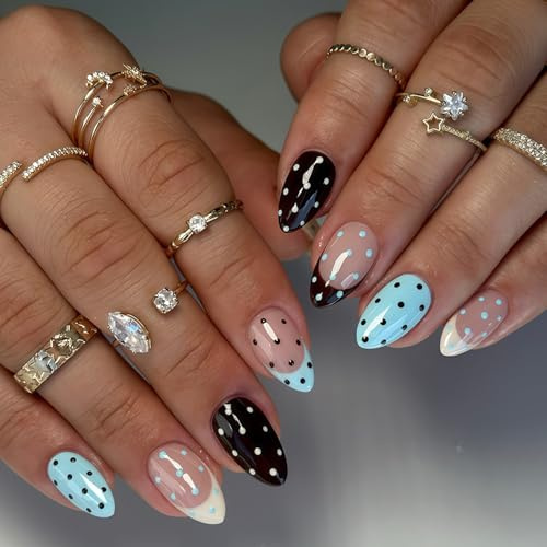 Almond Press On Nails Light Blue Black Nude French Tip & Polka Dot - Cute Short Retro False Nails with Adhesive Patches, Acrylic Manicure Kit for Everyday Wear