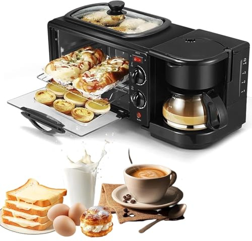 Electric Multifunctional 3-in-1 Breakfast Machine, 1050W with Coffee Maker, Temperature Control & 30min Timing, Breakfast Maker Mini Oven, for Kitchen(Black)