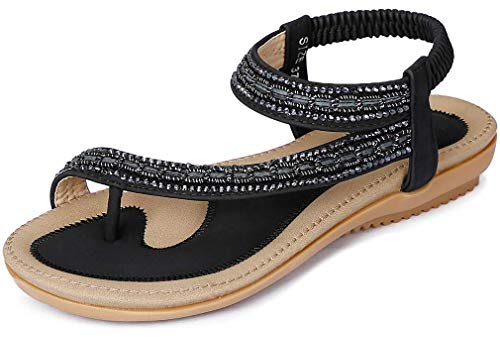 Amissz Sandali Donna Sandalo Estive Eleganti Scarpe Bassi Eleganti Strass Decorato Comodi Piatto Infradito da Mare Stile 1 Nero 37 EU
