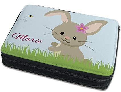 CreaDesign Kinder Federmäppchen mit (Wunsch) Namen, einzigartige Federtasche durch Personalisierung, Schulmäppchen - Motiv Hase