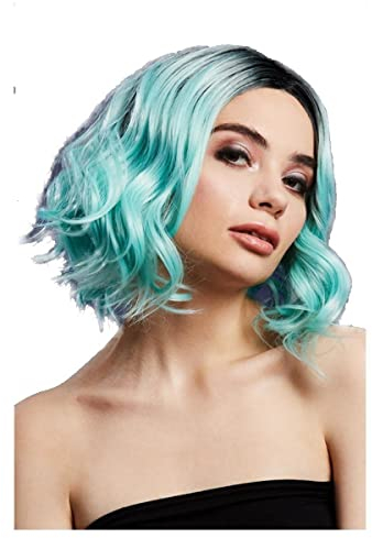 Smiffys Fever Kourtney Perücke, zweifarbig, Pfefferminze, Long-Bob mit Locken, Mittelscheitel, 30cm