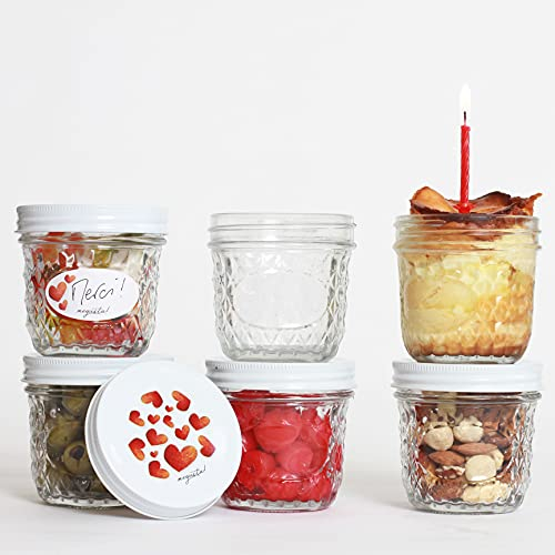 megusta!® Set 6 Einmachgläser 280 ml | Glas Diamantmuster | Deckel Herzmuster | als Marmeladengläser | für Dessert + Pesto | Einfrieren + Backen | + 12 Label