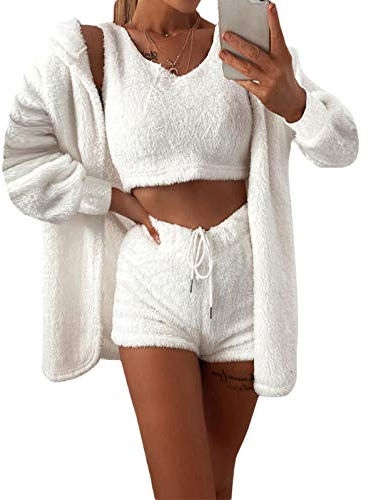 Minetom Damen Sexy Fuzzy Warm Fleece 3-teiliges Outfit Fleece Mantel Jacke Outwear und Spaghettiträger Crop Top Shorts Set B Weiß 40