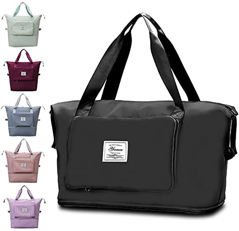 Large Capacity Folding Travel Bag, Travel Lightweight Waterproof Carry on Luggage Bags with Fixed Strap, Dry and Wet Separation Foldable Travel Duffel Bag for Weekender Overnight Sports Gym (Black)