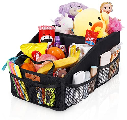 SURDOCA Organizador asiento coche niños Negro, accesorios de almacenamiento de viaje para niños, Organizador maletero coche asiento con bandeja para juguetes, vasos, pañuelos, ordenado y limpio