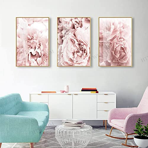 HTWLMM Rosa Blühende Blume Bilder Nordic Leinwand Poste Wandbilder Wohnzimmer Mädchen Schlafzimmer Deko Modern Kunst Badezimmer Bilder Poster Set Rahmenlos (3X50X70CM,1)