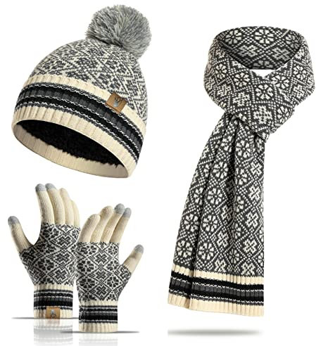INSISMY Mütze Schal Handschuh Set Winter Weich Warm Pelzgefütterte Bommelmütze Langer Schal und Touchscreen Handschuhe Set 3-teiliges Retro Schneeflockenmuster Gestrickte Damen Unisex
