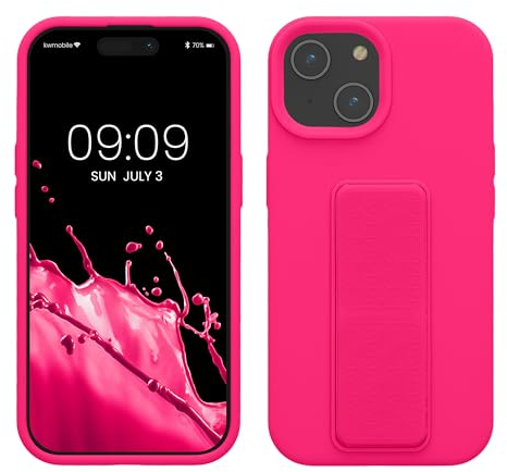 kwmobile Case Compatible with iPhone 15 - Case with Hand Strap and Stand Soft TPU Silicone Coating - Neon Pink