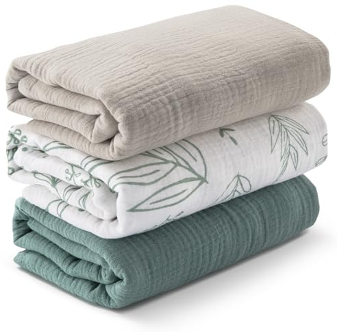 Muslin Swaddle Blankets for Newborn, 3 Pack Breathable Soft Receiving Blanket, Large 38 x 40 inches Swaddle Wrap Burping Clothes, Essentials Infant Shower Items, Toddler Gift (Bright Colors)
