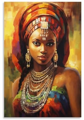 FireDeer Schwarze Wandkunst, abstrakte afrikanische Frau, Poster, Afro-Mädchen, Leinwandgemälde, moderne ästhetische Bilder für Wohnzimmer-Dekor (04 trägt Bronze-Halskette, 40,6 x 61 cm, ungerahmt)