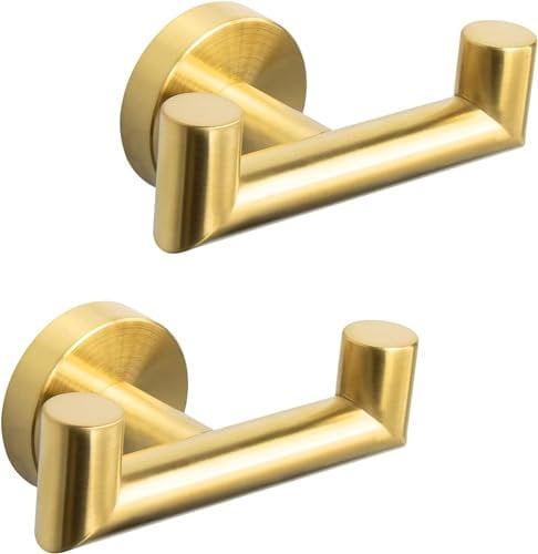 QNIIAED 2 Pcs Double Door Hooks,Bathroom Towel Hooks Screw in SUS 304 Stainless Steel Heavy Duty Robe Coat Hooks Wall Mounted for Bedroom or Kitchen(Brushed Brass Gold)