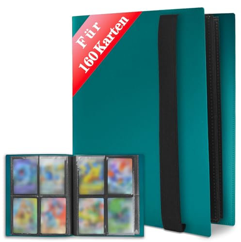 JUSONEY Sammelkarten Album - 160 Pockets Sammelalbum 20 Seiten Pro 4 Pocket mit wasserdichte Türkis Buchdeckel Perfekt zum Sammeln von Karten für MTG Magic,für Match Atta(Türkis)
