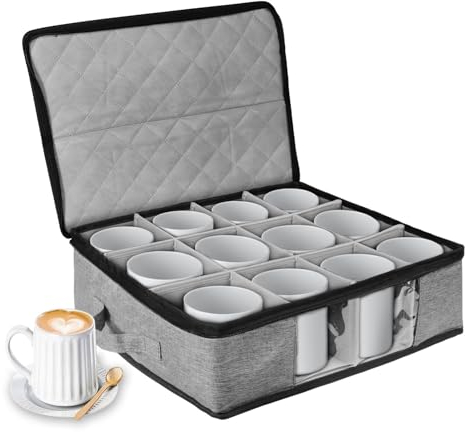 BOHEMIABY Cup & Mug Storage with Dividers, China Storage Containers Holds 12 Coffee Cup, Stackable Mug Organiser, Viewing Window, Hard Top & Sturdy Handle for Moving & Organiser