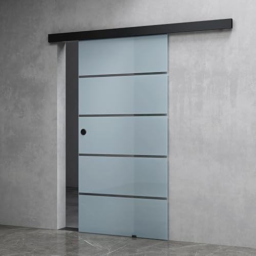 Mai & Mai Internal Sliding Glass Door Black 5 Stripes Frosted Glass, Handle Type: Round Handle, W×H: 900×2050mm, 8mm ESG Safety Glass with Track for Bathroom Kitchen Living Room and Bedroom